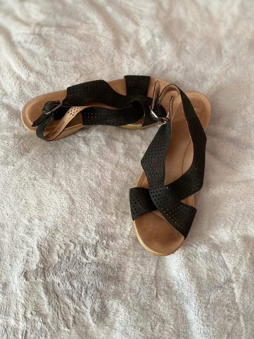 Dansko Jacinda black cross cross nubuck slingback wedge sandals